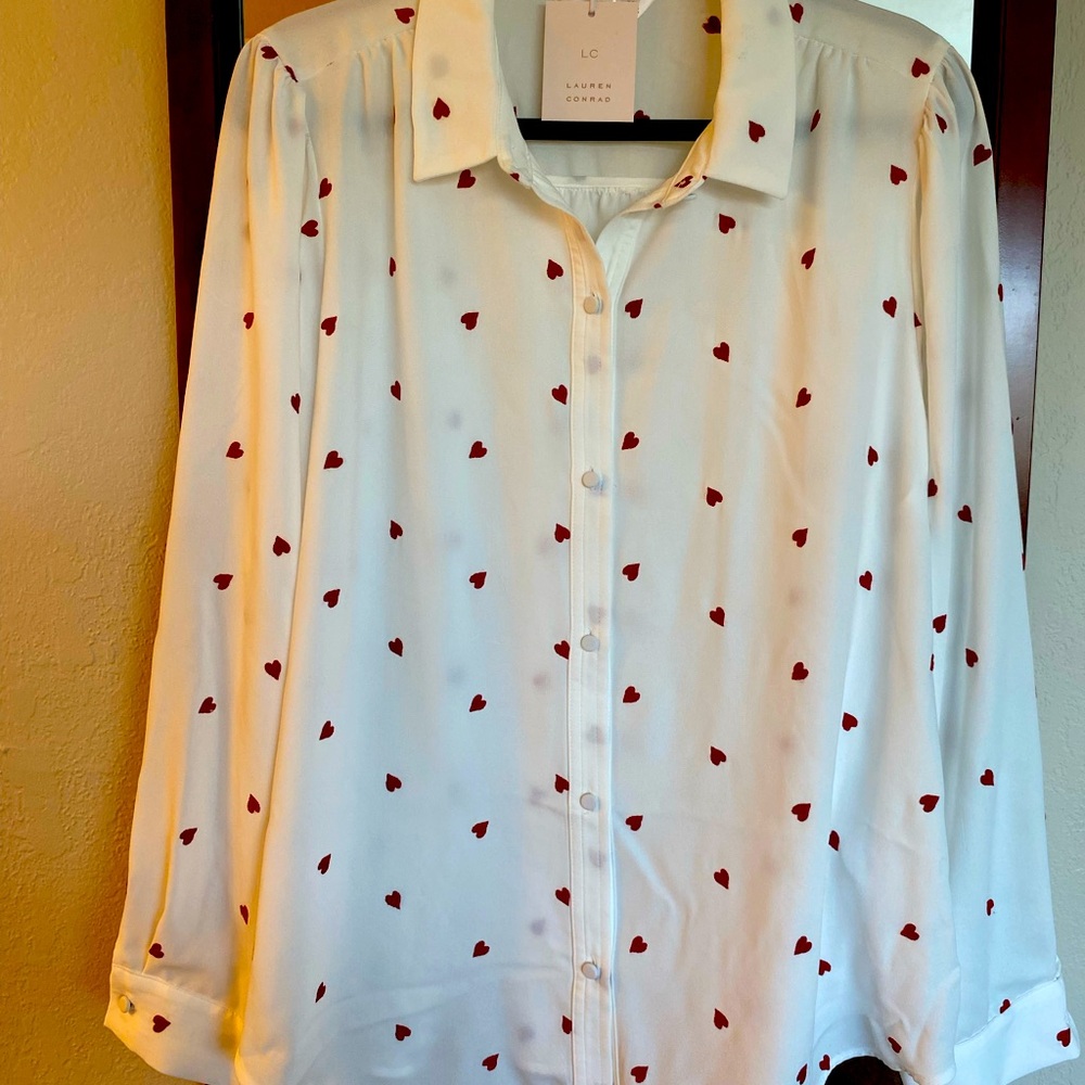 LC Lauren Conrad White Blouse with Red Heart Pattern